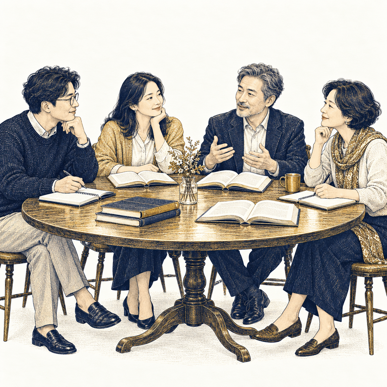 소규모 독서 토론과 동료 학습을 표현한 삽화